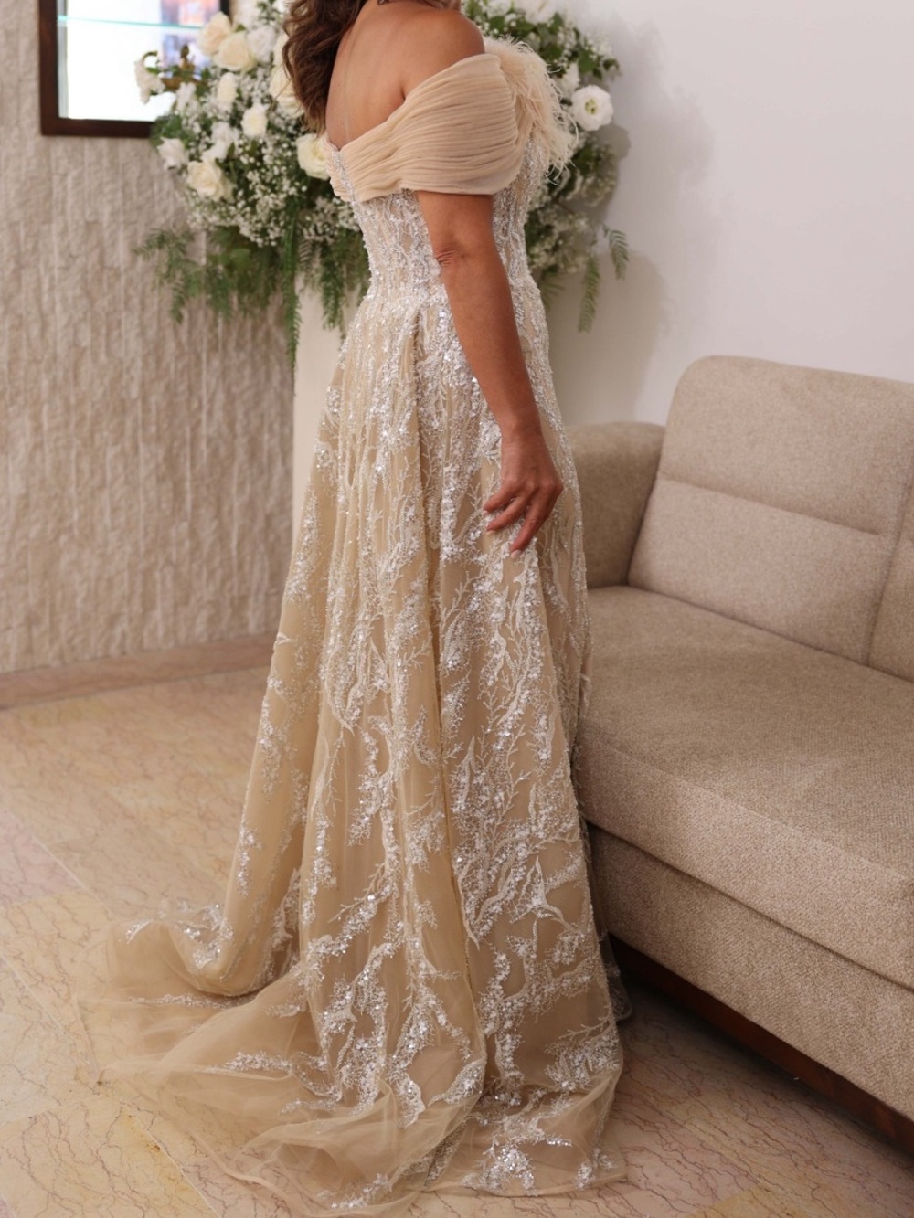 Missaki Couture | Lebanese Designer |Elegant Strapless Evening Gown in Champagne